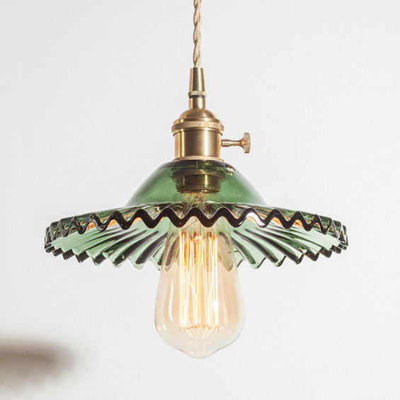 Traditional Vintage Round Ripple Brass Glass 1-Light Pendant Light For Living Room Cuvalon