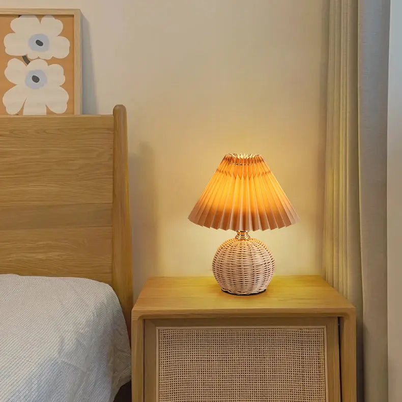 Contemporary Nordic Rattan Fabric Pleated Conic Ball LED Table Lamp For Bedroom Cuvalon