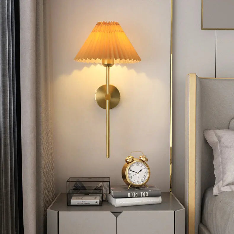 Vintage Pleated Fabric Shade Straight Arm 1-Light Wall Sconce Lamp Cuvalon
