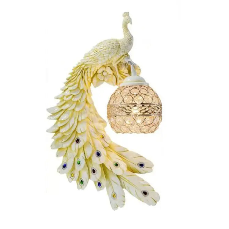 Vintage Ornate Resin Long Tail Peacock Crystal Ball Shade 1-Light Wall Sconce Lamp Cuvalon