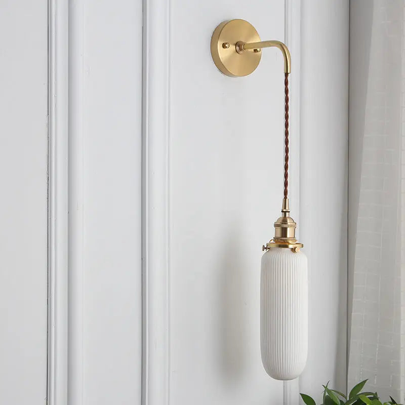 Japanese Retro Minimalist Cylinder Oval Brass Lucite 1-Light Wall Sconce Lamp Cuvalon