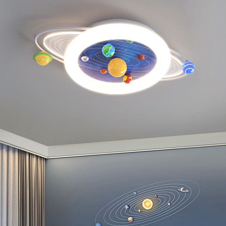 Modern Minimalist Children Round Planet Iron Resin Acrylic LED Flush Mount Ceiling Light For Bedroom Cuvalon
