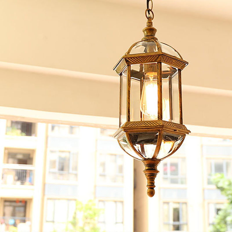 Contemporary Retro Hexagonal Lantern Glass Aluminum 1-Light Waterproof Pendant Light For Outdoor Patio Cuvalon