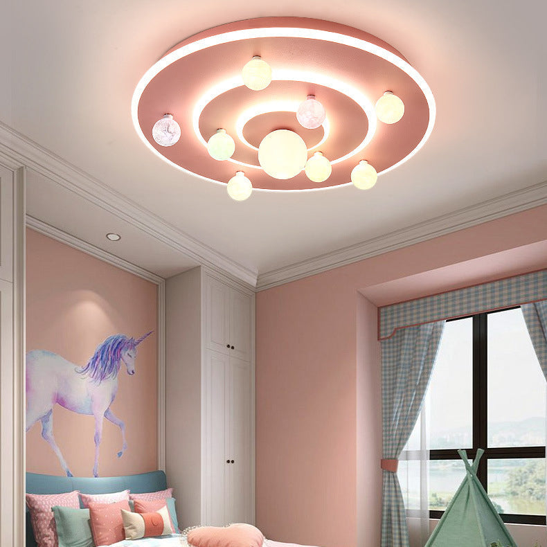 Contemporary Creative Kids Round Planet Iron Acrylic LED Flush Mount Ceiling Light For Bedroom Cuvalon