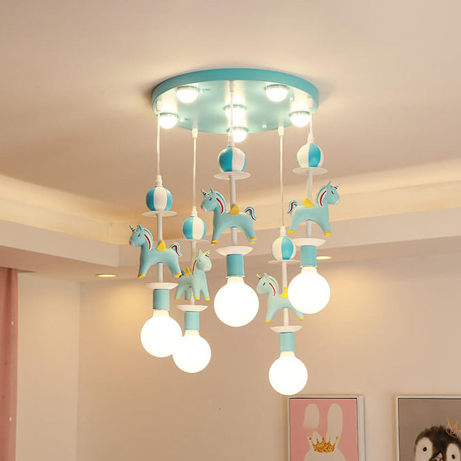 Modern Children's Carousel Eye Protection Resin Iron 1/7/11 Light Flush Mount Ceiling Light Cuvalon