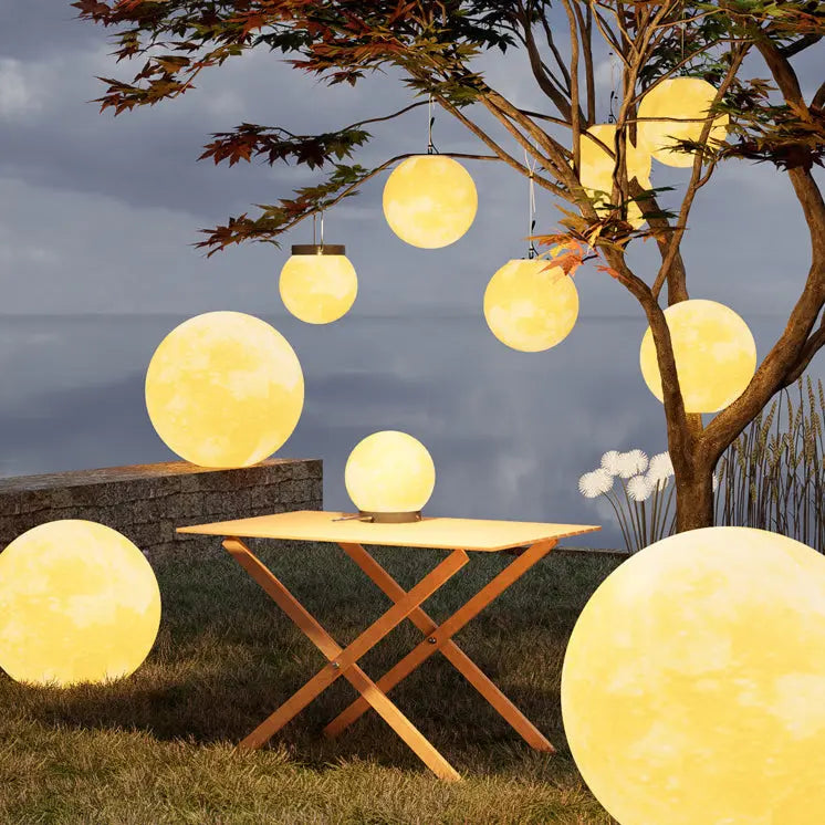 Contemporary Nordic Solar Waterproof PE Resin Round Moon LED Pendant Light For Outdoor Patio Cuvalon