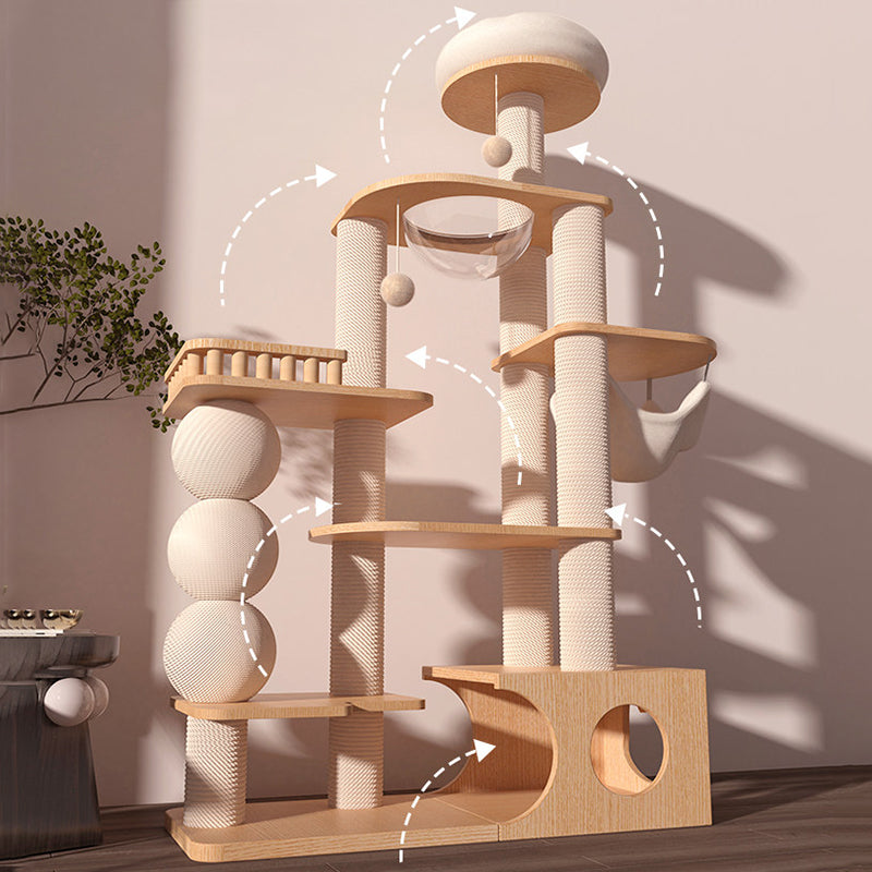 Contemporary Scandinavian Rectangular Rubberwood Plywood Pine Wood Pillar Velvet Fabric Hemp Rope Acrylic Cat Tree 3-Condo 5-Perch For Bedroom Cuvalon