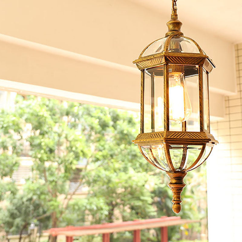 Contemporary Retro Hexagonal Lantern Glass Aluminum 1-Light Waterproof Pendant Light For Outdoor Patio Cuvalon
