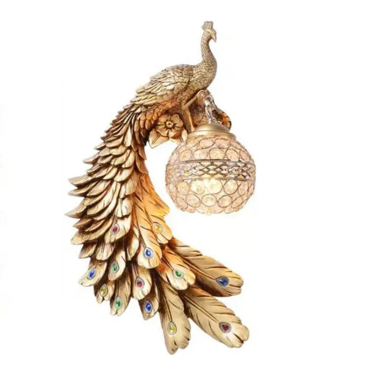 Vintage Ornate Resin Long Tail Peacock Crystal Ball Shade 1-Light Wall Sconce Lamp Cuvalon