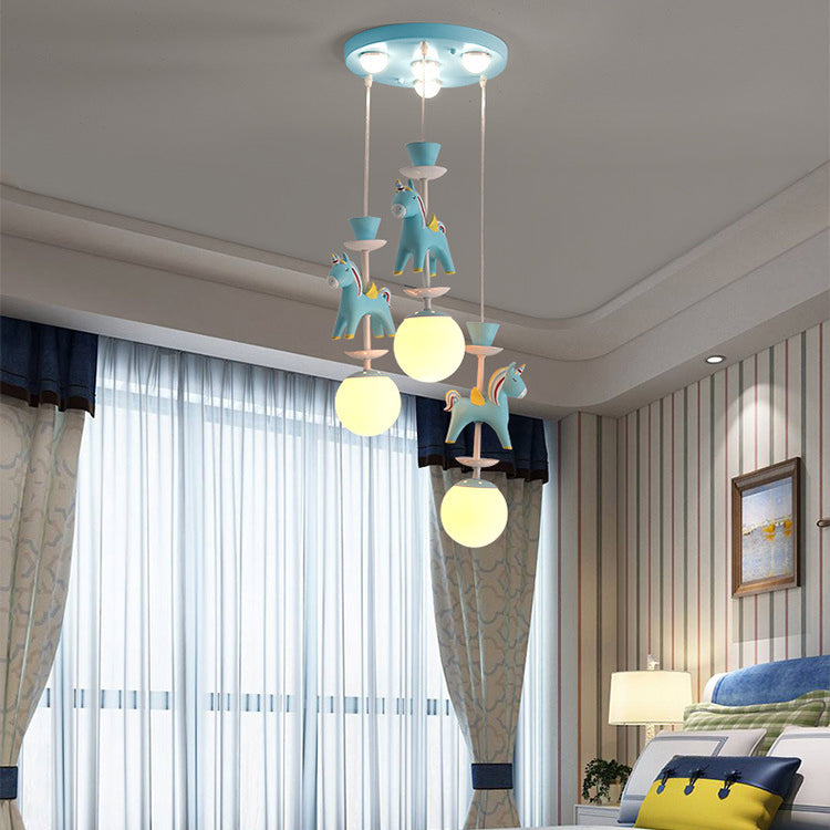 Modern Art Deco Kids Iron Resin Glass Round Base Ball Horse 1/3/5 Light Flush Mount Ceiling Light For Bedroom Cuvalon