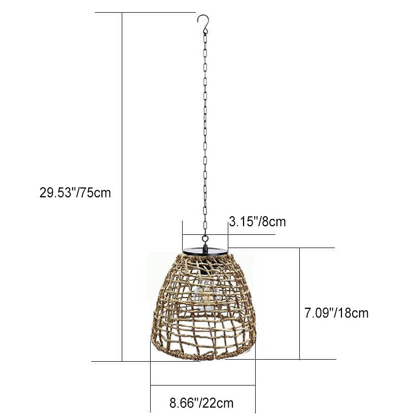 Traditional Rustic Iron Net Rattan Weaving Cage LED Solar Waterproof Pendant Light For Outdoor Patio Cuvalon