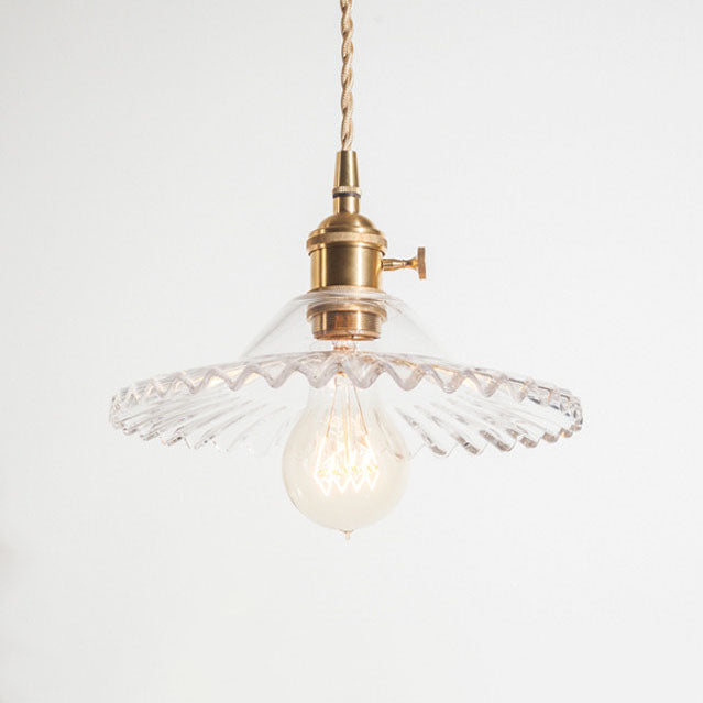 Traditional Vintage Round Ripple Brass Glass 1-Light Pendant Light For Living Room Cuvalon