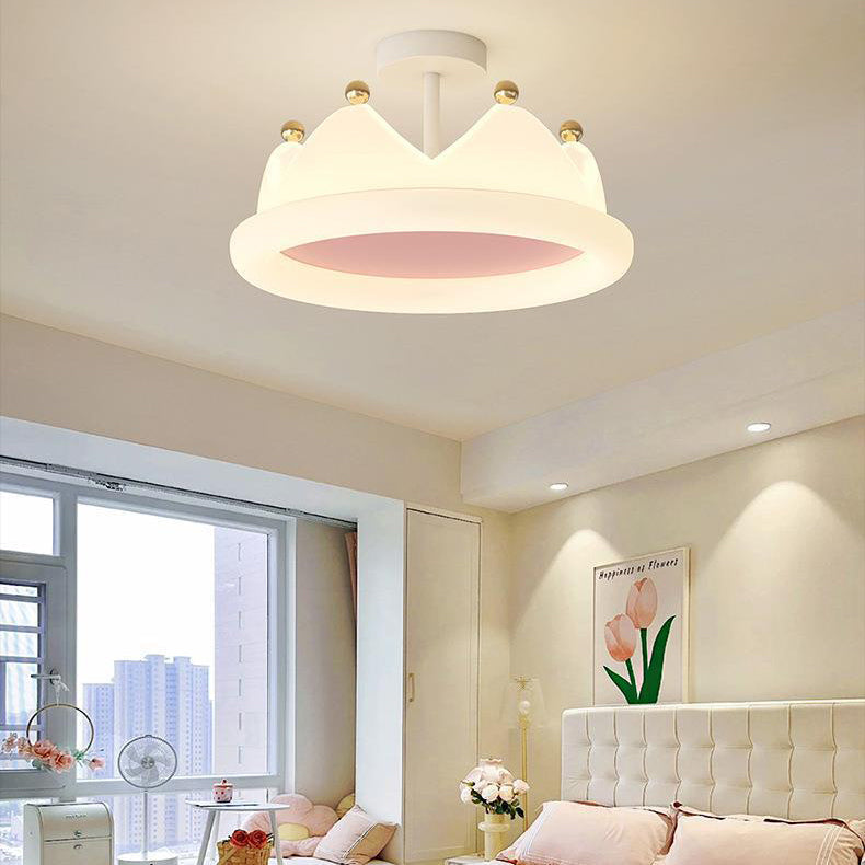 Contemporary Creative Kids Crown Iron PE LED Semi-Flush Mount Ceiling Light For Bedroom Cuvalon