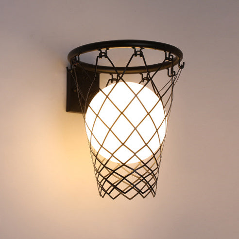 Modern Art Deco Kids Iron Glass Basketball Hoop 1-Light Wall Sconce Lamp For Bedroom Cuvalon