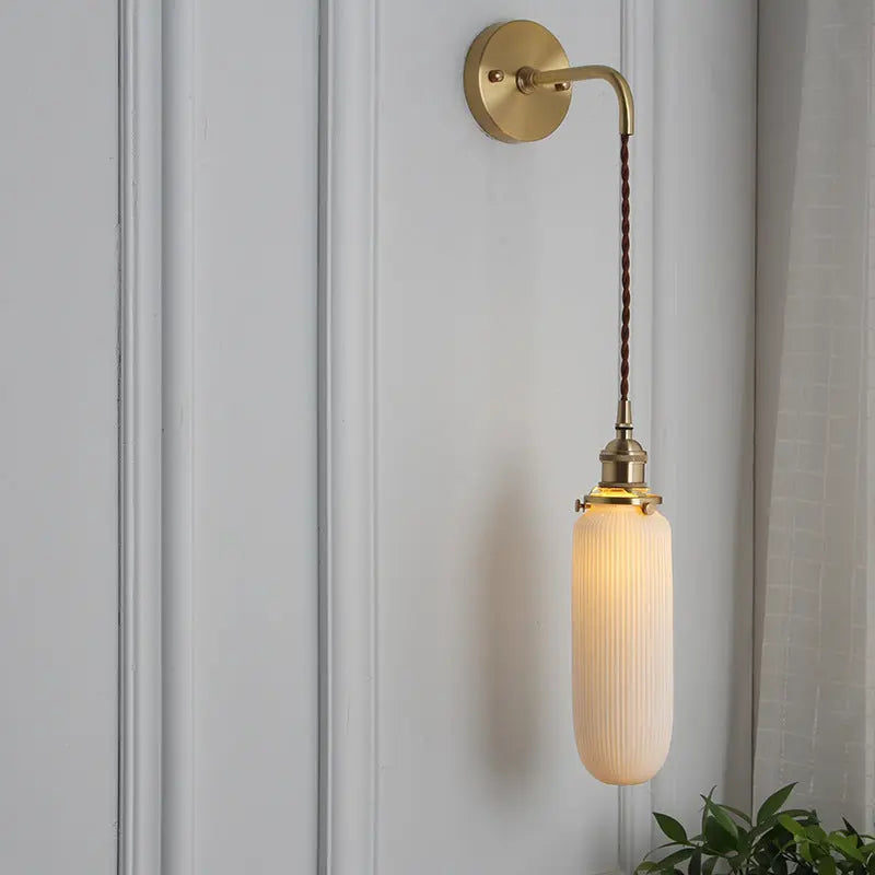 Japanese Retro Minimalist Cylinder Oval Brass Lucite 1-Light Wall Sconce Lamp Cuvalon