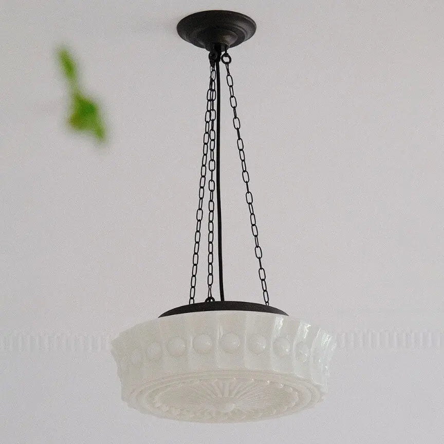 French Vintage White Jade Glass Stripes Round Drum LED Semi-Flush Mount Ceiling Light Cuvalon
