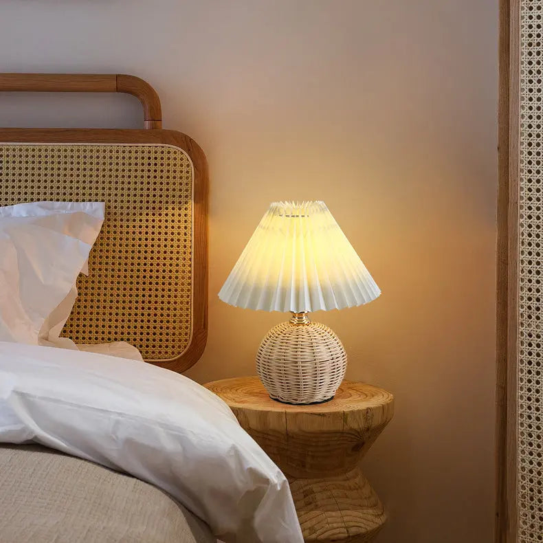 Contemporary Nordic Rattan Fabric Pleated Conic Ball LED Table Lamp For Bedroom Cuvalon
