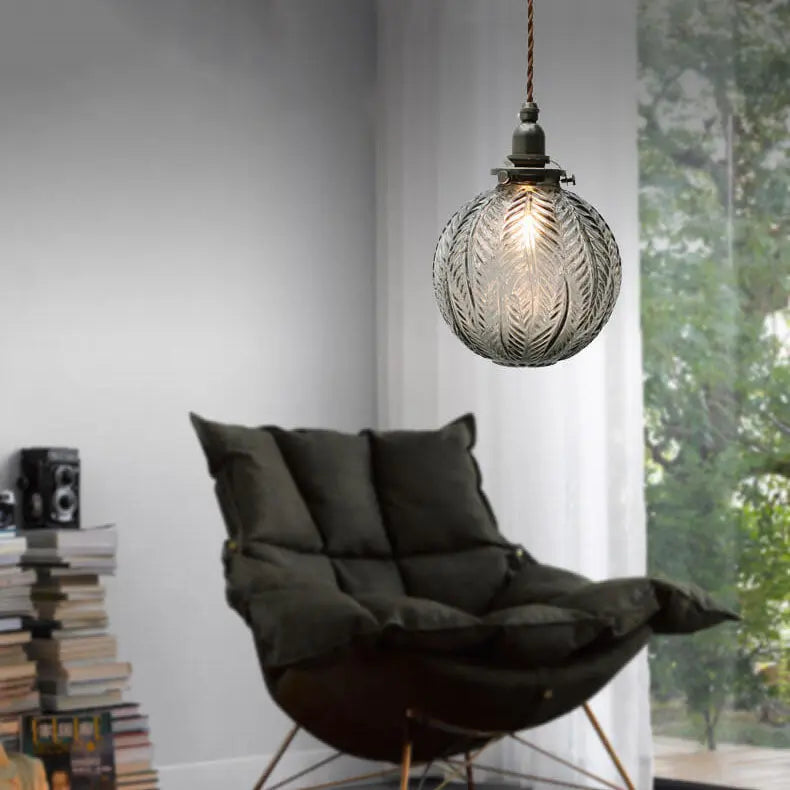 Retro Lotus Texture Glass 1-Light Globe Pendant Light Cuvalon