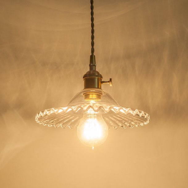 Traditional Vintage Round Ripple Brass Glass 1-Light Pendant Light For Living Room Cuvalon