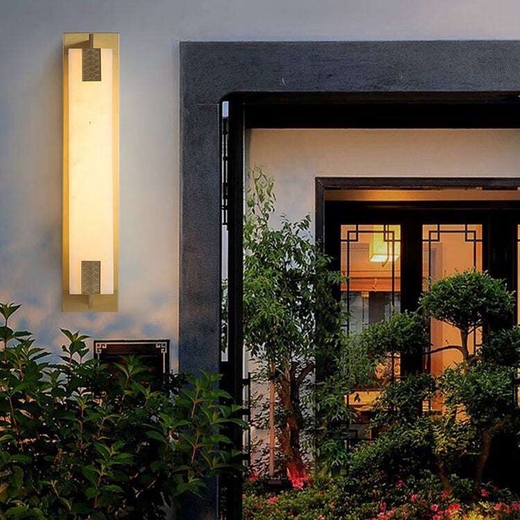 Modern Transitional Rectangular Copper Marble LED Outdoor Wall Sconce Lamp For Outdoor Patio Cuvalon