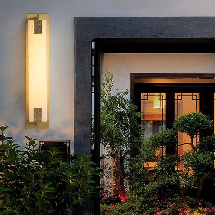 Modern Transitional Rectangular Copper Marble LED Outdoor Wall Sconce Lamp For Outdoor Patio Cuvalon