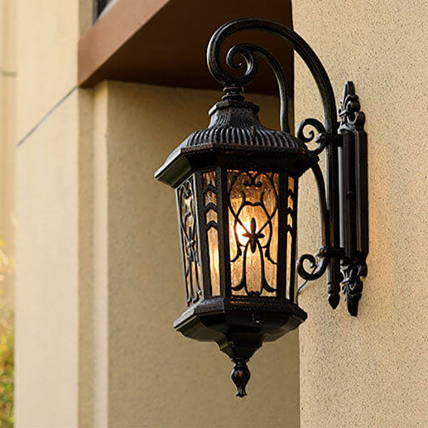 European Outdoor Carved Cage Aluminum Glass 1-Light Wall Sconce Lamp Cuvalon