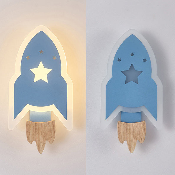 Contemporary Creative Kids Wood Acrylic Rocket LED Wall Sconce Lamp For Bedside Cuvalon