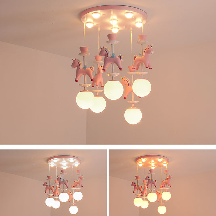 Modern Art Deco Kids Iron Resin Glass Round Base Ball Horse 1/3/5 Light Flush Mount Ceiling Light For Bedroom Cuvalon