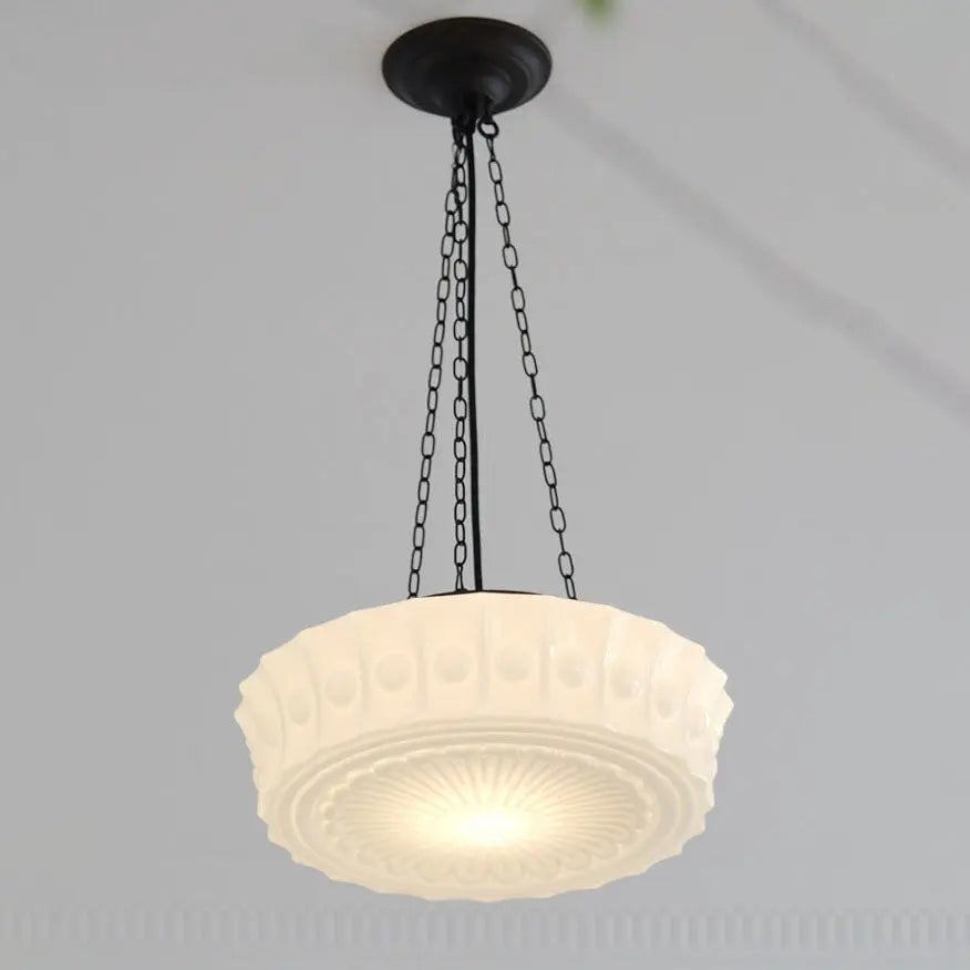 French Vintage White Jade Glass Stripes Round Drum LED Semi-Flush Mount Ceiling Light Cuvalon