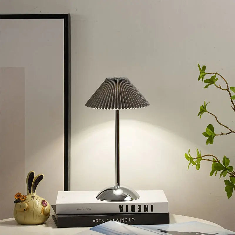 Contemporary Scandinavian Rechargeable Iron Fabric Conic Pleated 1-Light Table Lamp For Bedside Cuvalon