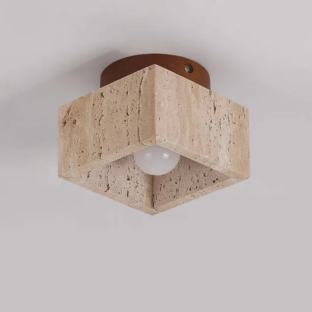 Japanese Wabi-Sabi Yellow Travertine Column Wood 1-Light Semi-Flush Mount Ceiling Light Cuvalon