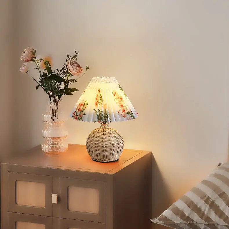 Contemporary Nordic Rattan Fabric Pleated Conic Ball LED Table Lamp For Bedroom Cuvalon