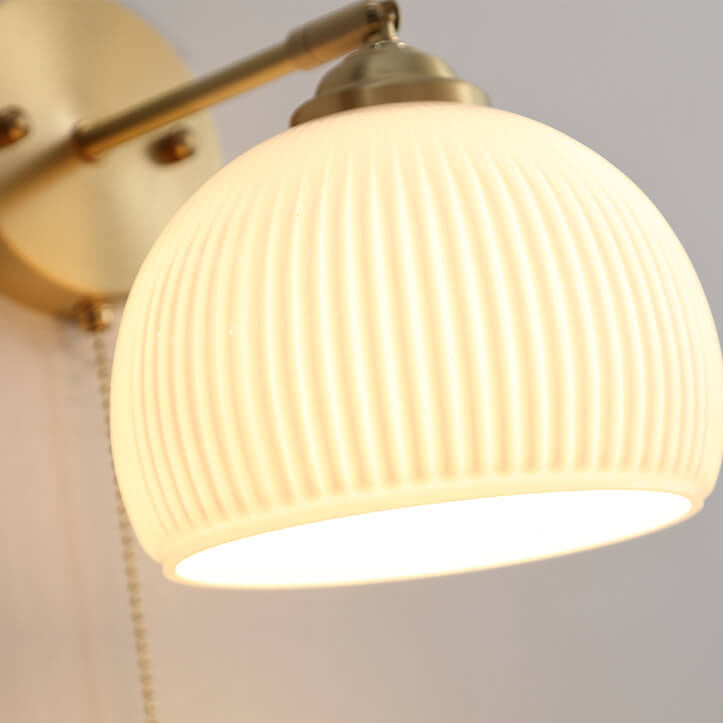 Nordic Striped Milk White Glass Brass 1-Light Pull Cord Wall Sconce Lamp Cuvalon