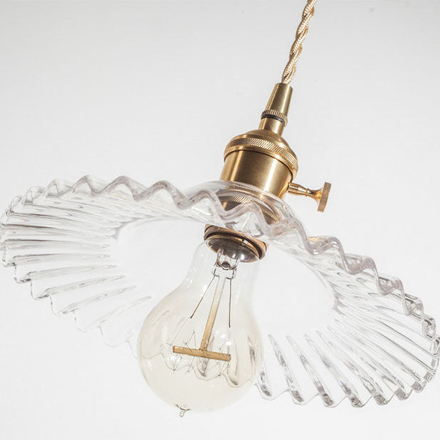 Traditional Vintage Round Ripple Brass Glass 1-Light Pendant Light For Living Room Cuvalon