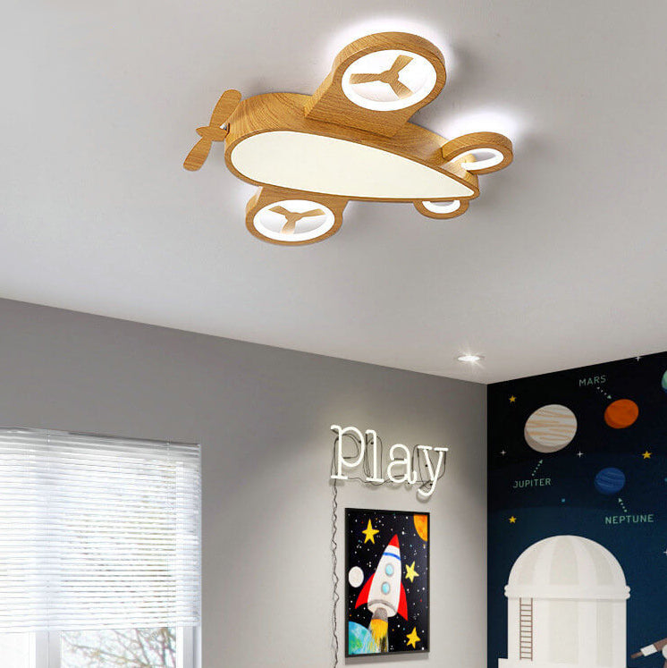 Cartoon Creative Wood Grain Aircraft LED Kids Flush Mount Ceiling Light Cuvalon