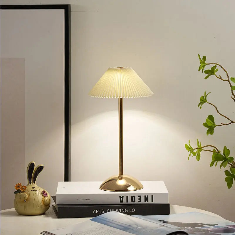 Contemporary Scandinavian Rechargeable Iron Fabric Conic Pleated 1-Light Table Lamp For Bedside Cuvalon