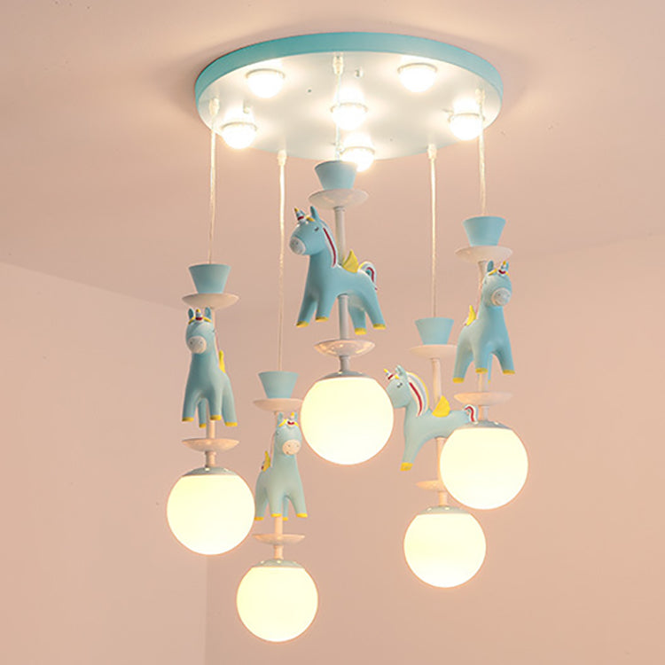 Modern Art Deco Kids Iron Resin Glass Round Base Ball Horse 1/3/5 Light Flush Mount Ceiling Light For Bedroom Cuvalon