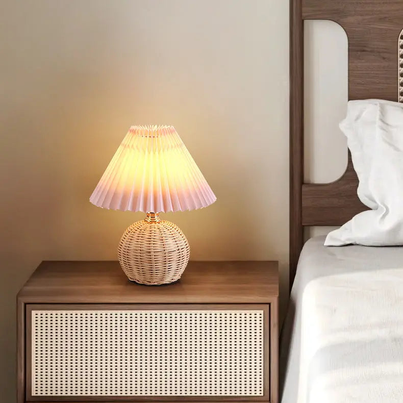 Contemporary Nordic Rattan Fabric Pleated Conic Ball LED Table Lamp For Bedroom Cuvalon
