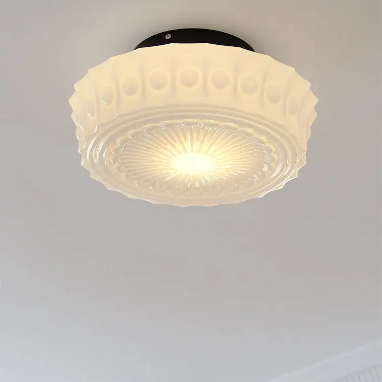 French Vintage White Jade Glass Stripes Round Drum LED Semi-Flush Mount Ceiling Light Cuvalon