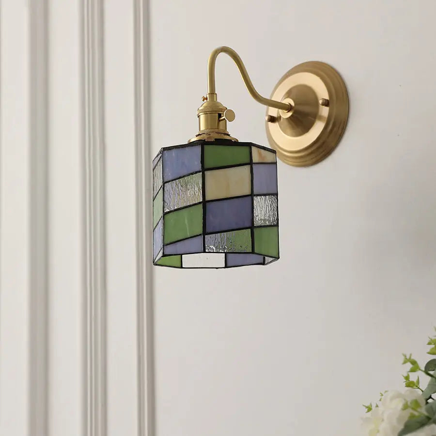 Traditional Tiffany Round Copper Glass 1-Light Wall Sconce Lamp For Living Room Cuvalon