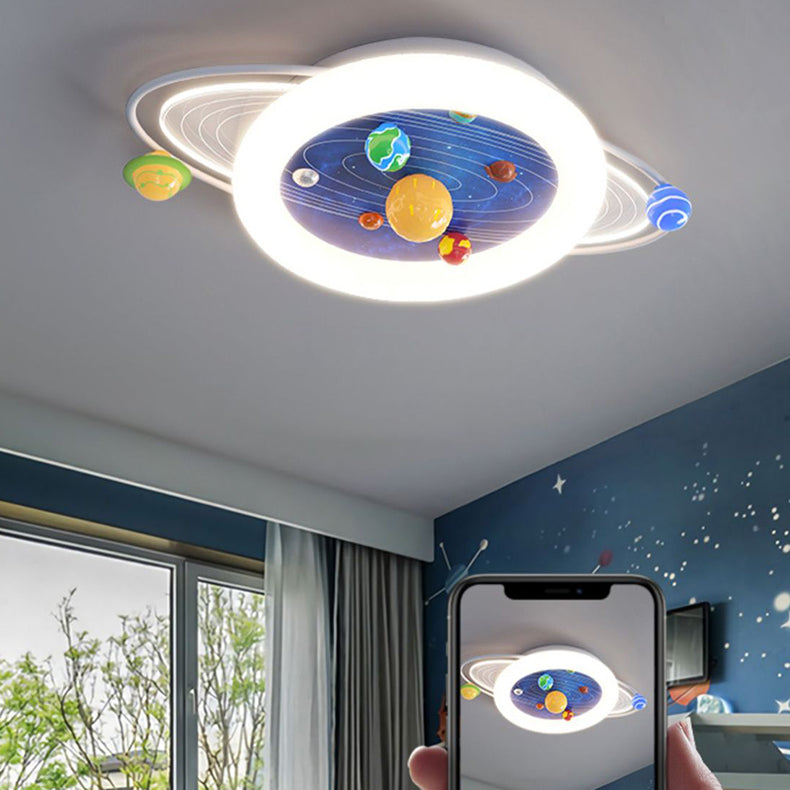 Modern Minimalist Children Round Planet Iron Resin Acrylic LED Flush Mount Ceiling Light For Bedroom Cuvalon
