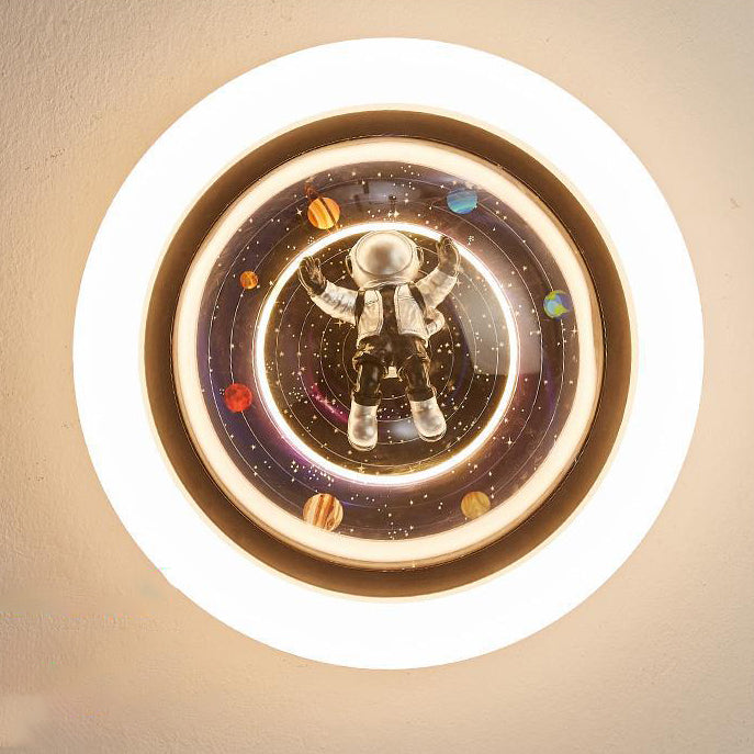 Contemporary Creative Cartoon Planet Resin Astronaut Acrylic Round Shade LED Kids Flush Mount Ceiling Light For Bedroom Cuvalon