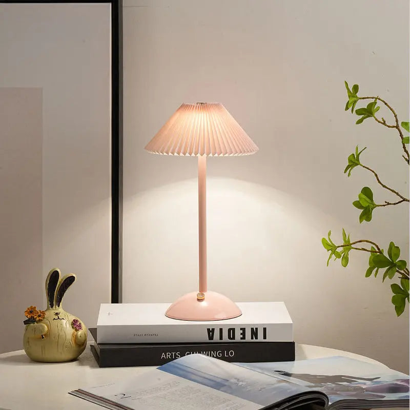 Contemporary Scandinavian Rechargeable Iron Fabric Conic Pleated 1-Light Table Lamp For Bedside Cuvalon