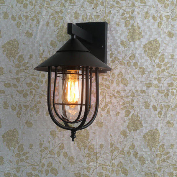 Vintage Industrial Iron Lantern Indoor Outdoor 1-Light Wall Sconce Lamp Cuvalon
