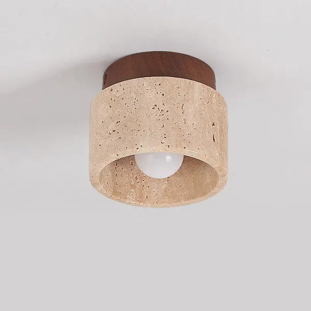 Japanese Wabi-Sabi Yellow Travertine Column Wood 1-Light Semi-Flush Mount Ceiling Light Cuvalon