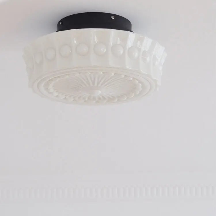 French Vintage White Jade Glass Stripes Round Drum LED Semi-Flush Mount Ceiling Light Cuvalon