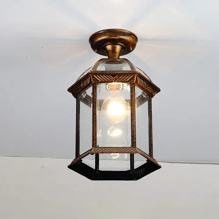 European Outdoor Hexagonal Lantern Waterproof 1-Light Semi-Flush Mount Ceiling Light Cuvalon