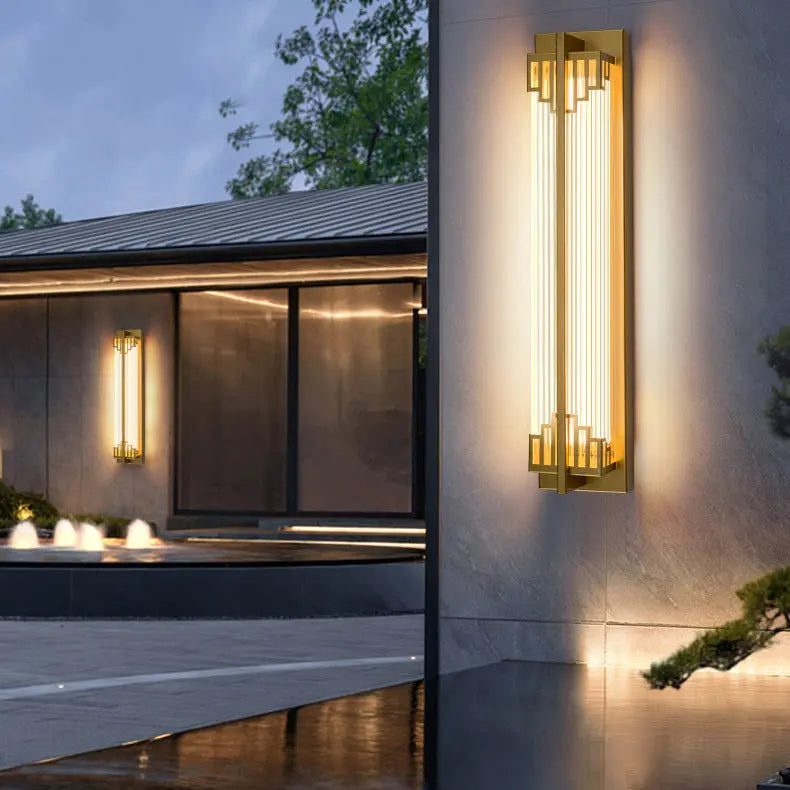 Traditional Chinese Waterproof Rectangular Stainless Steel Glass LED Wall Sconce Lamp For Outdoor Patio Cuvalon
