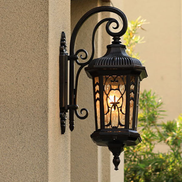 European Outdoor Carved Cage Aluminum Glass 1-Light Wall Sconce Lamp Cuvalon