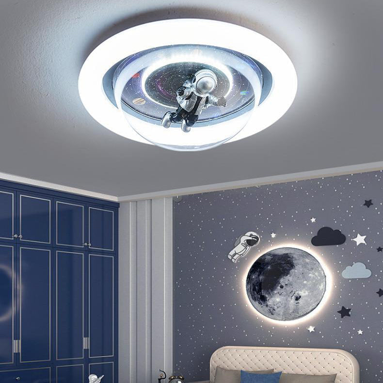 Contemporary Creative Cartoon Planet Resin Astronaut Acrylic Round Shade LED Kids Flush Mount Ceiling Light For Bedroom Cuvalon